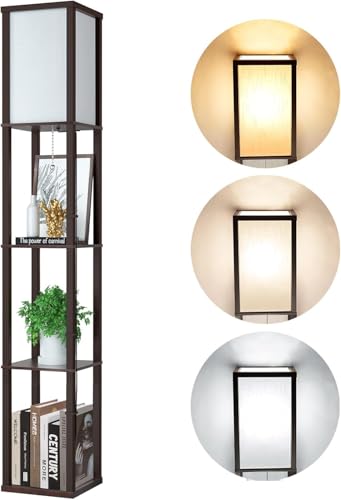 Lampada da Terra in Legno, Marrone Retrò Lampada da Pavimento con Mensola, Moderna Piantana da...