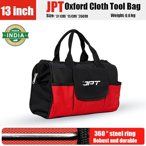 Image of JPT 13-Inch Heavy Duty Tool Bag, Wide Mouth Tool Storage Bag with Interior Pockets, Large Capacity Tool Tote Bag for Electricians, Power Tools Organizer Red /Black
