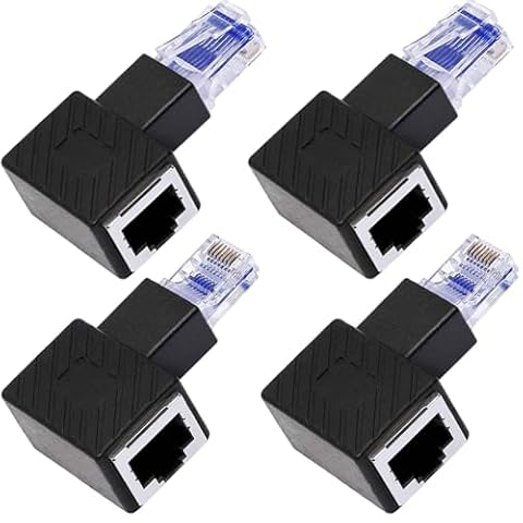 HAAMNING7 4 szt. RJ45 adapter kątowy RJ45, 90 stopni RJ45 męskie do żeńskiego przedłużenia, złącze sieciowe Cat6 LAN do drukarek, laptopów, routerów (lewy kąt + prawy kąt)