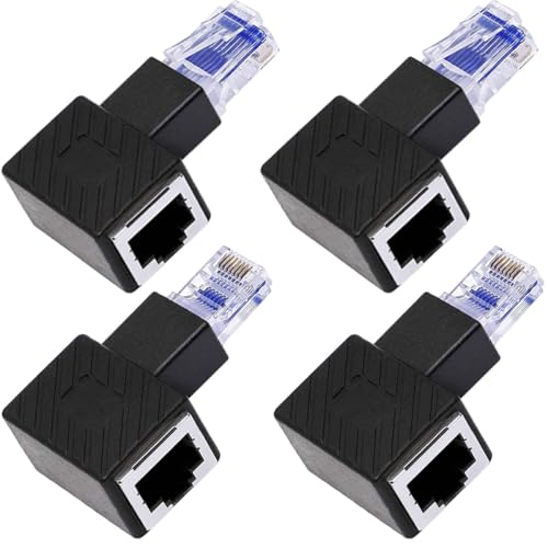 HAAMNING7 4 szt. RJ45 adapter kątowy RJ45, 90 stopni RJ45 męskie do żeńskiego przedłużenia, złącze sieciowe Cat6 LAN do drukarek, laptopów, routerów (lewy kąt + prawy kąt)