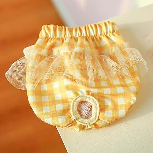 Image of Small Dog Sanitary Panties, Lace Washable Reusable Cute Puppy Panties Pet Underwear Diaper Physiological Shorts for Female Girls Dogs(Yellow Plaid,S