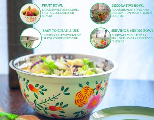 Large Hand Painted Stainless Steel Fruit Bowl - Decorative Floral Salad Mixing And Serving Bowl - Traditional Kashmiri Art For Home Decor (Green) #TOP1