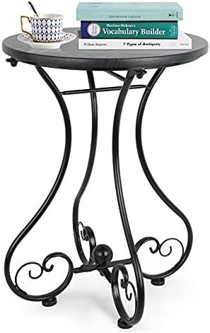Solid Wood End Table with Beautiful Carved Metal Legs | Black Round Accent Coffee Table NightStands | Modern Round Side Tables for Living Room,Bedroom,Office (Black, Dia =15.75in)