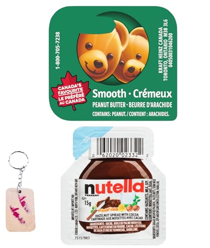 Breakfast Duo of Peanut Butter and Hazelnut Spread Goodness – 15 Peanut Butter and 15 Hazelnut Spread (15g) , On-The-Go Portion Control Pack for Travelers & Meal Prep 30 individual Portions Total – Comes with a one of a kind Keychain by PaLiSoL CREATiONS! – Hazelnut Spread et Beurre d’arachide