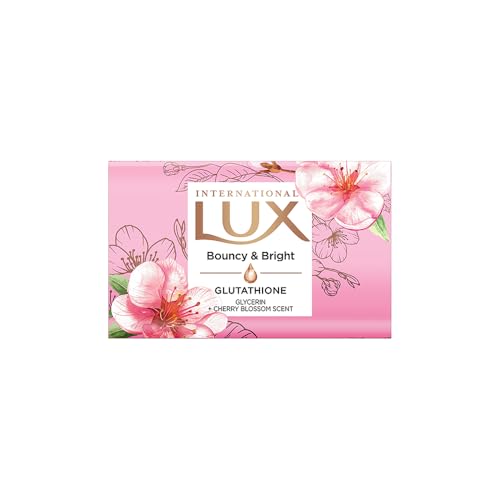 Image of LUX International Bouncy & Bright Bathing Soap, 4 x 130g, LUXURIOUS BATHING EXPERIENCE, for Hydrated & Radiant Skin, with Glutathione & Glycerin, Improves Skin Texture, Cherry Blossom Fragrance