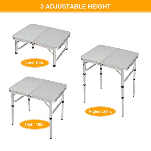 Campmax 2 Foot Small Folding Table Portable With Adjustable Height Legs, Lightweight Sturdy Aluminum Camping Table For Outdoor Picnic Beach, White 24X16 Inches 3 Heights #TOP1