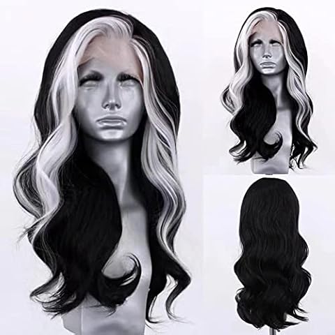RONGDUOYI RDY Black Mix White Highlight Wig for Women Pure Black with a White Front Streak Lace Front Wigs 26inches Long Body Wave Synthetic Wig with Natural Hairline Cover