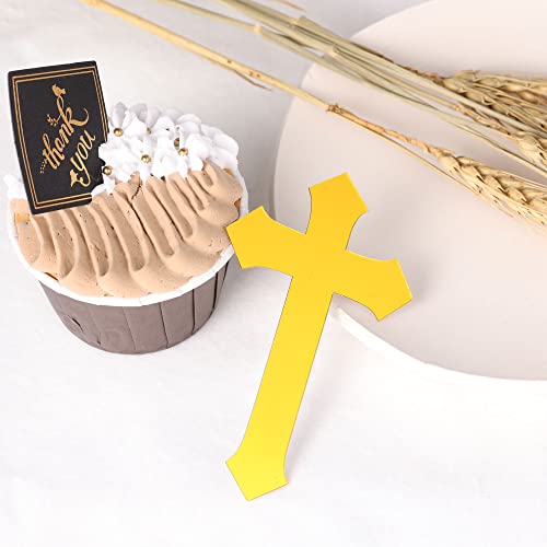 Gyufise 20Pcs Baptism Cake Toppers Crossing Cupcake Toppers Gold Mirror Acrylic Cake Toppers For Baptism Decor Babyshower Birthday Christian Decorations #TOP2