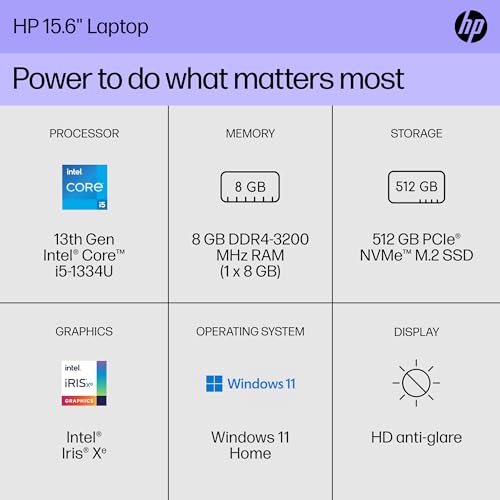 Image of HP 15 inch Laptop, HD Display, 13th Generation Intel Core i5-1334U, 8 GB RAM, 512 GB SSD, Intel Iris Xe Graphics, Windows 11 Home, 15-fd0012nr (2024)
