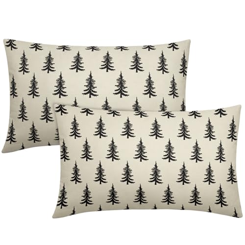 Christmas Lumbar Pillow Covers 12x20 Set of 2 Black Xmas Tree Rustic Style Winter Decorative Outdoor Pillowcases Farmhouse Vintage Holiday Decorations Throw Cushion Case Decor for Couch Sofa Bed