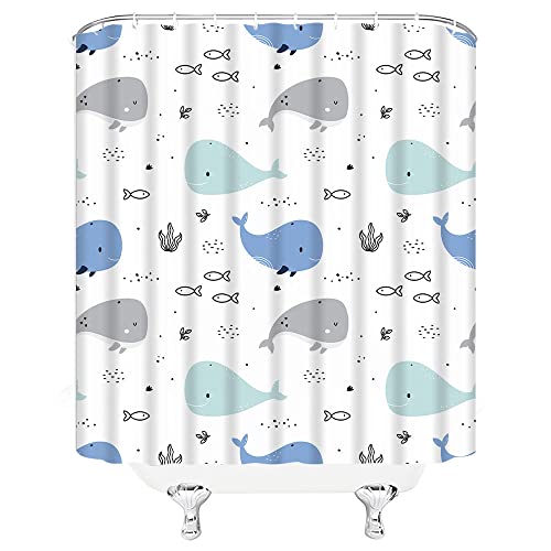 VPUPCN Cartoon Whale Shower Curtain Cute Ocean Animal Blue Gray Abstract Fish Nautical Theme Funny for Kids Girls Boys Polyester Curtains Bathroom Decor with Hooks 70