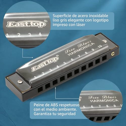 Miniatura 2 de East Top Armónica De Blues Diatónico Llave De C, 10 Agujeros 20 Tonos Blues Arp Mouth Organ Armónica Para Adultos, Principiantes, Profesionales Y Estudiantes Gris Plata
