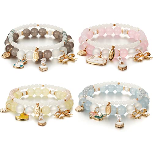 Bomail 8Pcs Kawaii Bracelets Set - Cute Crystal Beads Bracelets Cartoon Animal Charms Beaded Stretch Bracelets For Women Friendship Jewelry #TOP16
