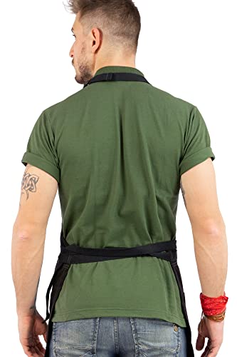 Under NY Sky No-Tie Opaque Black Apron - Durable Twill, Leather Reinforcement and Split-Leg - Adjustable for Men and Women - Pro Barber, Tattoo, Barista, Bartender, Baker, Hair Stylist, Server Apron