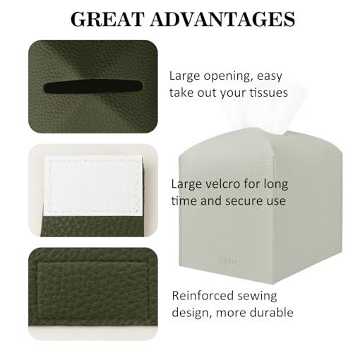 PARIERIS Tissue Box Cover Holder Square Tissue Cube Cover PU Leather Tissue Organizer with Bottom Belt for Bathroom, Tabletop, Car, Night Stands, Office, Home, Kitchen (2, OliveGreen) — view 5