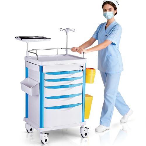 DeerPlanet Medical Carts with Wheels, 5-Tier Drawers, Adjustable IV Pole, Silent Casters, Trash Bins, O2 Holder, Needle Disposal Holder & CPR Board, Rolling Crash Carts for Hospital Clinic