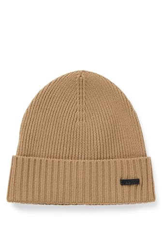 BOSS Herren Fati Rippstrick-Mütze aus Schurwolle mit Logo-Applikation Beige Stck