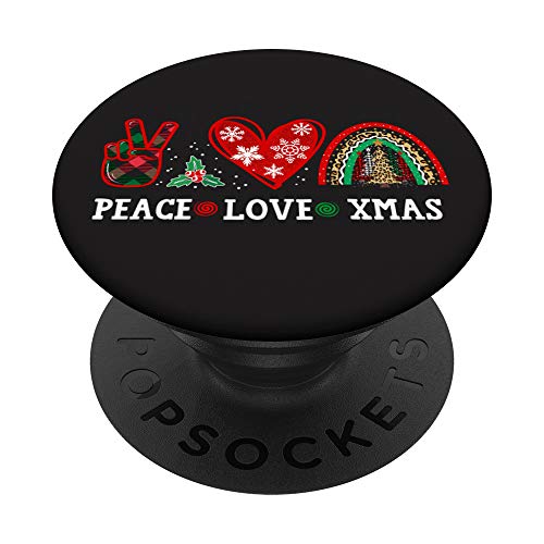 Peace Love Christmas Tee with Leopard Trees & Buffalo Plaid PopSockets Agarre y Soporte para Teléfonos y Tabletas