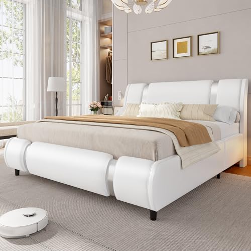 Keyluv Modern Faux Leather Upholstered Platform Bed Frame with Mirror Metal Decoration Headboard, Curved Headboard, Wooden Slats Support, No Box Spring Needed, Queen Size, White