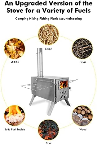 LAMA Tent Stove, Folding Stainless Steel Tent Wood Stove with Stainless Wall Chimney Pipes & Sides, Portable Wood Burner Stove for Heating Cooking Tents Shelter Garden Camping