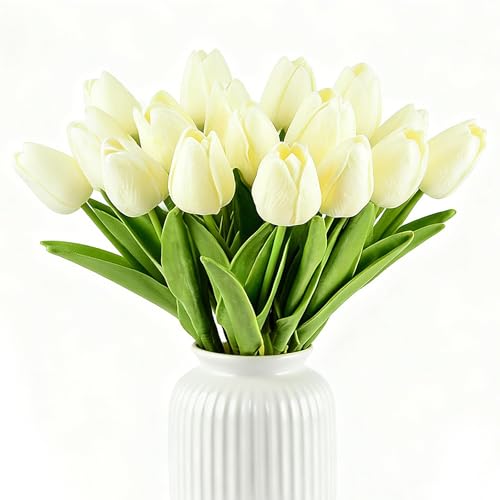 HoveBeaty Artificial Tulips Bridal Wedding Festival Decor Bouquet Real Touch PU Flower Bouquet Pack of 20 (Milk White)