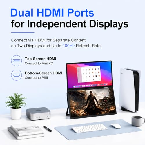 Image of 18.5'' Portable Dual Monitor, One Cable Laptop Screen Extender, FHD 1080P 100Hz Type-C USB-A HDMI, Folding Stacked Triple Monitor Built-in Stand Speakers for Laptop Desktop Windows Mac(Driver Need)