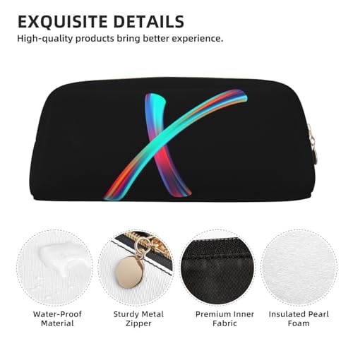 Image of Cute Initial Pencil Case for Kids Simple Leather Pencil Pouch for Boys Girls Letter Design Pencil Box Pen Bag Pencil Pouch Office Stationery Organizer, Rainbow Letter X