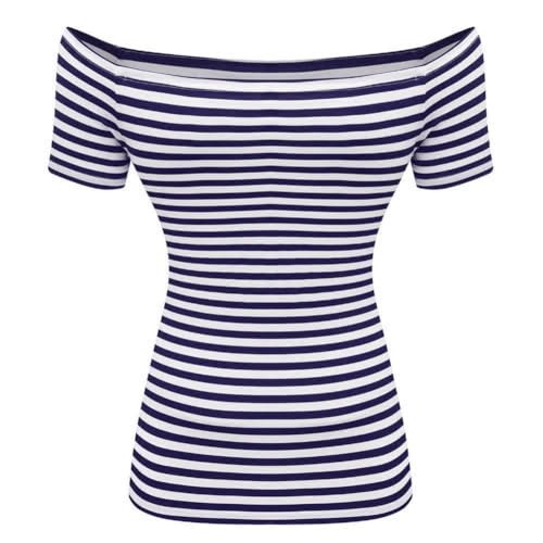 LilyCoco Striped Off The Shoulder Tops for Women Short Sleeve Sexy Fitted Pirate Shirt Navy Stripe X-Small - Thumbnail 7