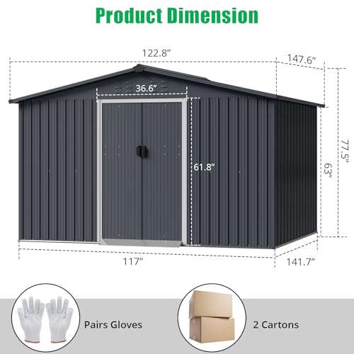 Outdoor Storage Shed 12 x 10 Ft, Outdoor Tool Metal Shed with Lockable Door, Air Vents and Sloping Roof, Metal Aluminum Waterproof Tool Sheds for Yard, Garden, Patio, Garage, Lawn, Gray
