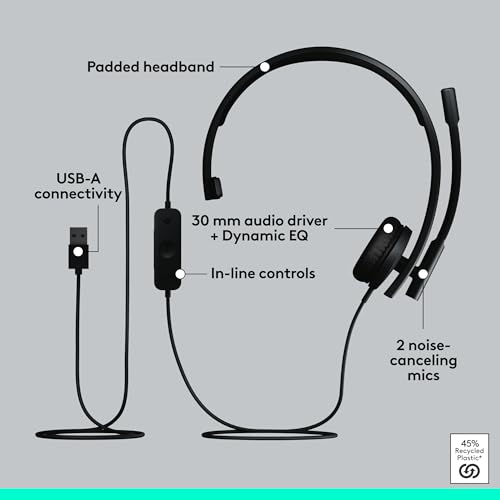 Logitech H570e USB Headset with Microphone for PC and Mac, USB-A Wired Headset with Mono Sound, Noise-Canceling Mics and Inline Controls, Certified for Microsoft Teams, Black by Logitech - Image 6