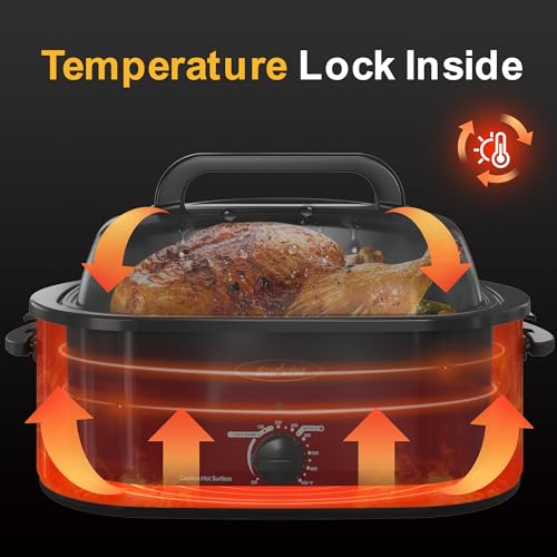 Image of Sunvivi Roaster Oven, Electric Roaster Oven with Viewing Lid, 28lb 24-Quart Turkey Roaster with Unique Defrost /Warm Function, Large Roaster with Removable Pan & Rack, Stainless Steel, Red
