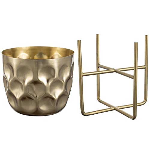 Mygift 7 Inch Deluxe Modern Hammered Brass Tone Metal Flower Planter Pot With Decorative Riser, Plant Pot With Display Stand Décor - Handcrafted In India #TOP5
