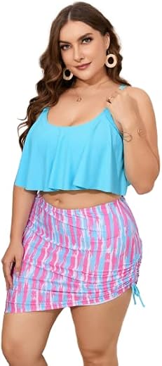 Plus Hanky Hem High Waisted Bikini Swimsuit with Beach Skirt Multicolor - XL - 8XL