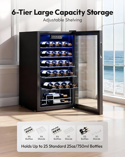 EUHOMY 25 bottle Wine Cooler Refrigerator, Freestanding Compressor Wine Fridge with Adjustable Temperature and Digital Control, Mini Fridge with Glass Door for Red White Wine, Beer, Black