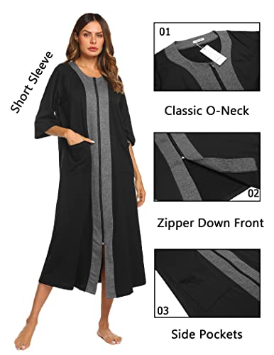 Ekouaer Front Zipper Loungewear Dress Full Length House Coat 3/4 Sleeve Nightgown Lightweight Duster Coat(Black,M) #TOP3