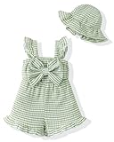 XUANHAO 12 Months Girl Clothes Toddler Girls Romper Cute 12-18 Months Girl Clothes 2 Piece Ruffle Sleeveless Summer Outfit Green Plaid Romper With Hat 1 Year Old Girls Clothes