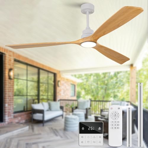 VCQQ 72 Inch White Ceiling Fans with Lights and Remote, 3 Blade Wood Outdoor Ceiling Fan with Light, Modern Ceiling Fan for Bedroom Farmhouse, Wall Switch, Dimmable, Memory Function by VCQQ - Used condition - US$160.30