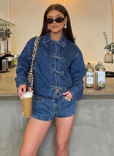 Kedera Womens Jean Jacket Tie Front Long Sleeve Denim Shacket Lapel Collar Tops Fall Winter Fashion Trendy Coat Blazer3
