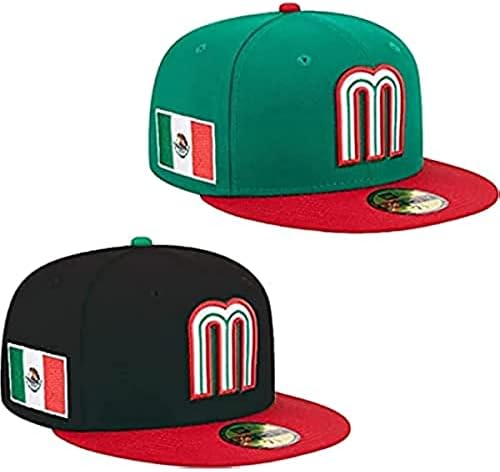 2PCS Mexico Baseball Hat for Men 2023 World Baseball Classic Baseball Cap 59FIFTY Fitted Hat Embroidery Sun Hat,Black+Green 7 1/2