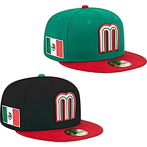 2Pcs Mexico Baseball Hat For Men 2023 World Baseball Classic Baseball Cap 59Fifty Fitted Hat Embroidery Sun Hat,Black+Green 7 1/2 #TOP2
