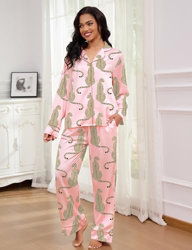 Image of SHESHOW Satin Pajamas Set for Women Set Long Sleeve Button Down Pjs Sets 2 Piece Loungewear Animal Sleepwear XS-XXL