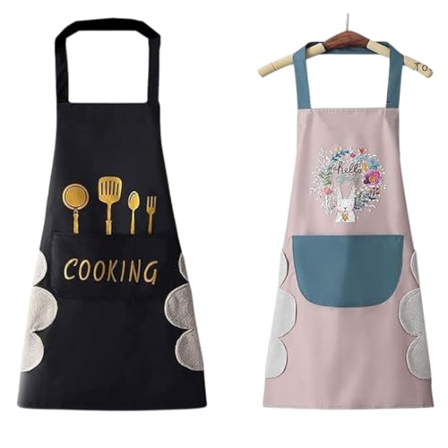Image of VELVERI 1PACK Waterproof Cooking Apron for Women Men with Big Front Pocket Hand-Wiping Towel | Floral Rabbit Graphic Design | Oil Proof Chef Bib for Home Baking Grilling