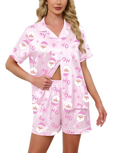 Image of Schbbbta Women Pajamas Set, 2 Pieces Satin Silk Button Down Pjs Short Sleeve Outfits Loungewear
