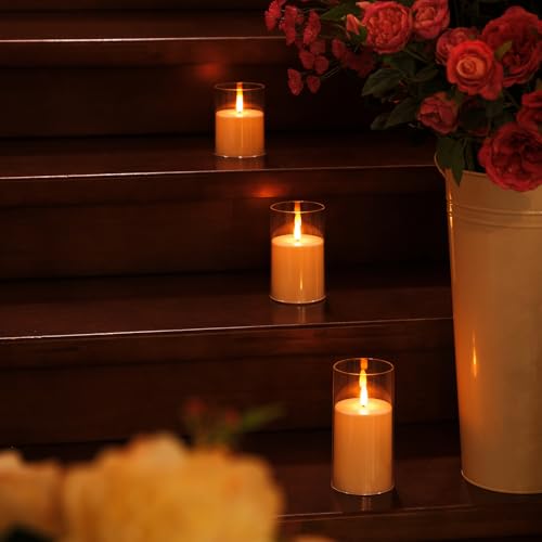 Image of Flickering Flameless Candles,Battery Operated Candles,Acrylic Pillar Candles, Realistic LED Candles with Remote and Timer,Set of 3