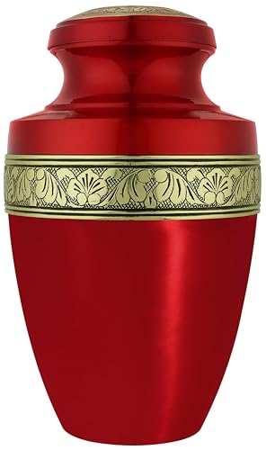 CLEENTABLE Adult Cremation Urn, Aluminum, Red & Gold Floral, 220 lb