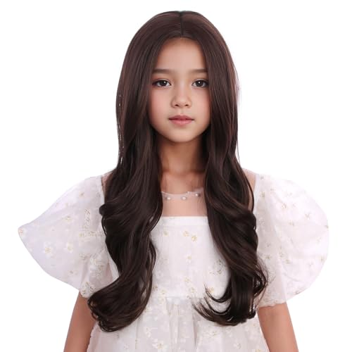 Edivd Kids Mixed Brown Wig Child Long Dark Brown Wavy Curly Wig Girls Chocolate Middle Part Wigs Heat Resistant Synthetic Wigs with Cap
