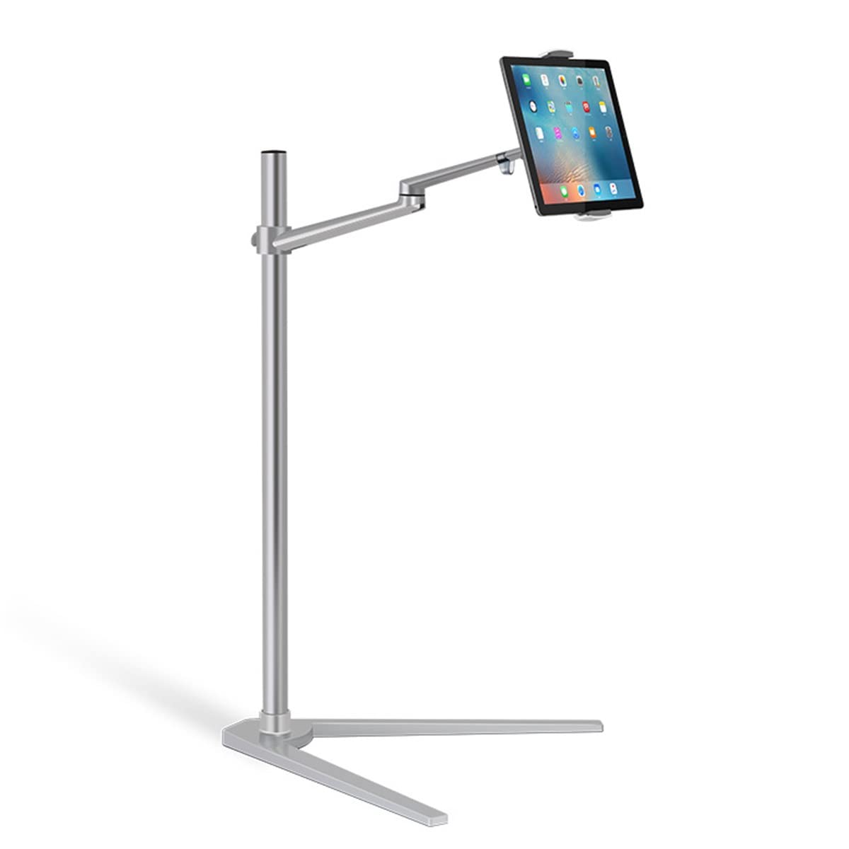 GENYS Verstellbarer Bodenständer Für Tablet Und Telefon,Kompatibel Mit Telefon Tablet Kindle (4-14 Zoll),V-förmige Basis,360 Grad Drehbarer Tablet-Halterungsständer Mit Aluminiumarm (Color : Silver)