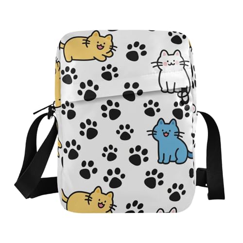 KLL Happy Cute Cat Colorful Footprint Black messenger bag for men Vegan Leather mens crossbody bag small Shopping Lady Shoulder Handbags