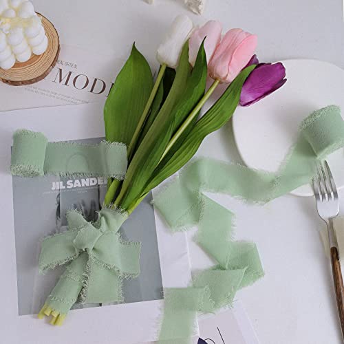 3 Rolls Sage Green Handmade Fringe Fabric Chiffon Silk Ribbon 1.5" X 7Yd Ribbons Set For Wedding Invitations, Bridal Bouquets, Gifts Wrapping, Diy Crafts #TOP5