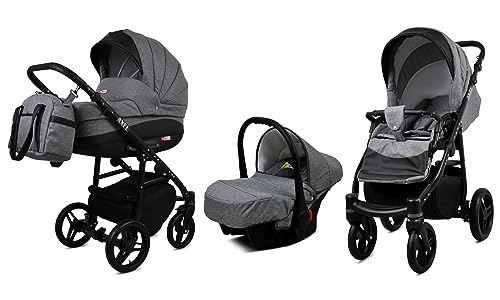 BabyLux® Bambimo Kinderwagen Set 3 in 1 - Axel - incl. Babywanne, Buggy Sportsitz, Auto-Babyschale - Autositz - Kinderwagenset - Kombikinderwagen mit Wickeltasche, Regenschutz usw.